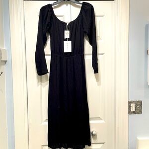 WAYF Dress Women’s XS Midi Off Shoulder Gauzy Pullover Black Side Slit NWT